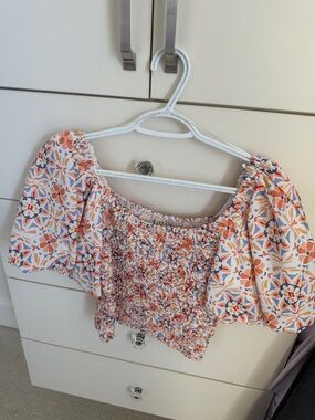 dolan Floral Smocked Puff-Sleeve Crop Top in Orange, Blue & Cream